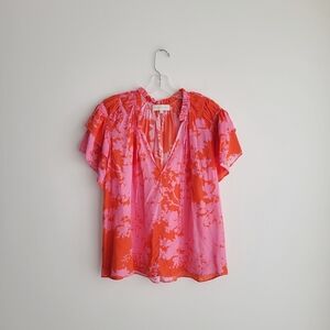 CABALLERO Pink Viscose Floral Printed Flutter Sleeve Blouse